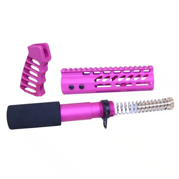Pink AR-15 parts: ergonomic grip, ventilated handguard, foam-buffered tube on white background.