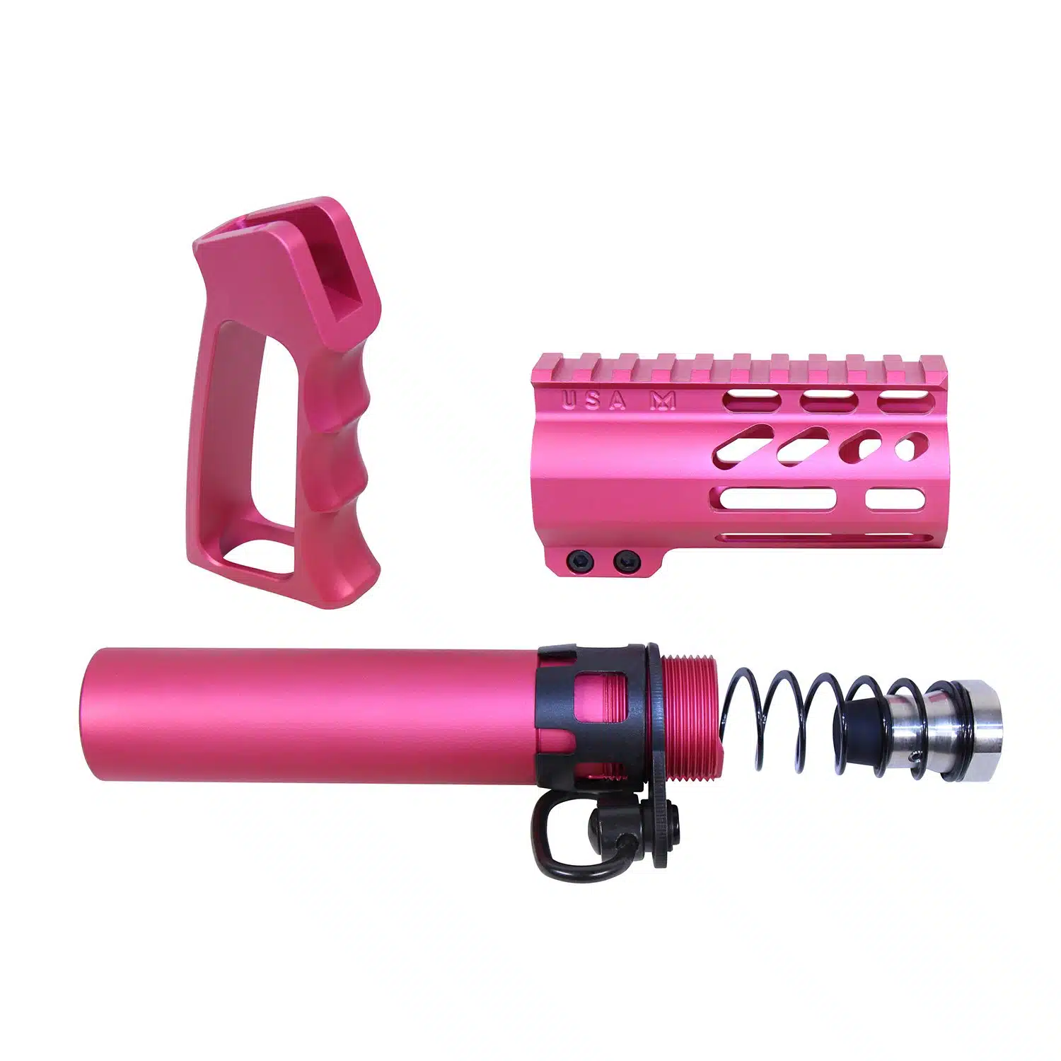 AR-15 Micro Pistol Furniture Set in Anodized Rose finish, showing pistol grip, handguard, and buffer tube assembly on white background.