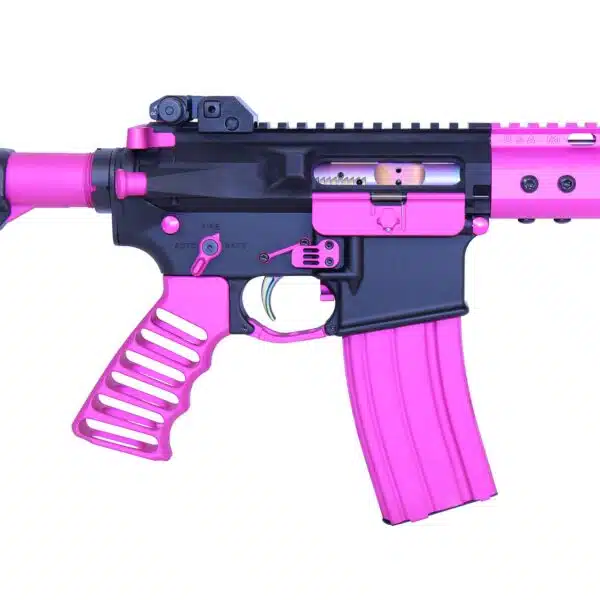 Vibrant pink and black tactical firearm with ergonomic grip and Picatinny rail.