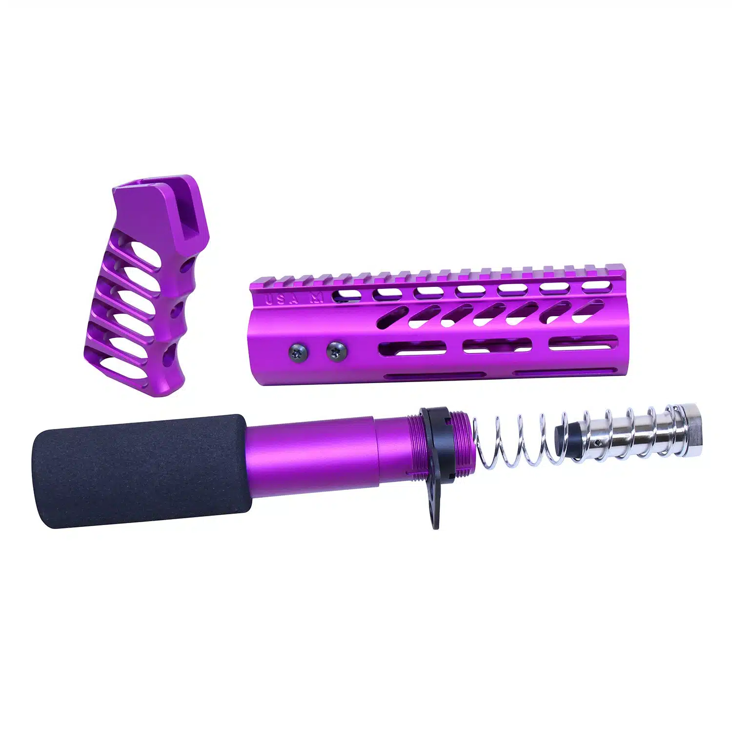 AR .308 pistol furniture set in anodized purple finish, including grip, handguard, and buffer tube