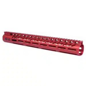 15 inch anodized red M-LOK handguard with monolithic top rail and ventilation slots