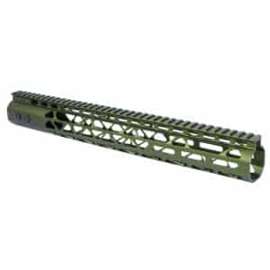 Olive drab tactical rifle handguard with M-LOK slots and Picatinny rail, for modern firearms.