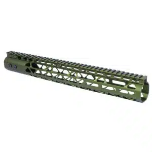 Olive drab tactical rifle handguard with M-LOK slots and Picatinny rail, for modern firearms.
