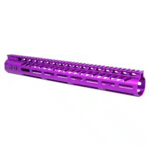 Anodized purple 15-inch M-LOK handguard with monolithic top rail for .308 caliber