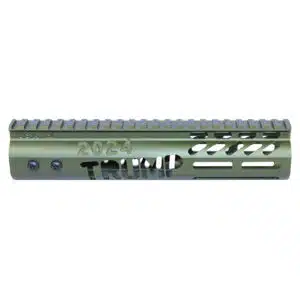 Olive green 9-inch Trump M-LOK rifle handguard with Picatinny rail and 2024 engraving.