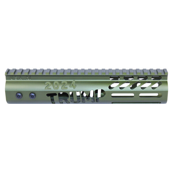 Olive green 9-inch Trump M-LOK rifle handguard with Picatinny rail and 2024 engraving.