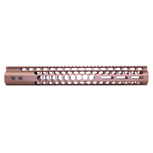 Honeycomb-patterned 15 .308 M-LOK handguard in anodized bronze with cooling cutouts and secure mounting.