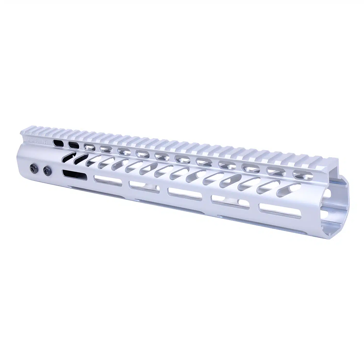 12" M-LOK free floating handguard with monolithic top rail, anodized clear finish.