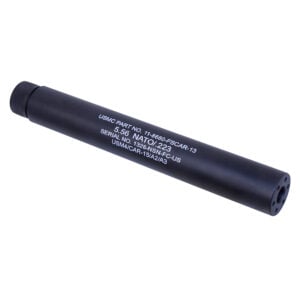 Black AR-15 fake suppressor for 7.5-inch barrels, laser-engraved details.