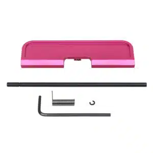 AR-15 ejection port dust cover assembly in anodized rose finish with rod, spring, and clip