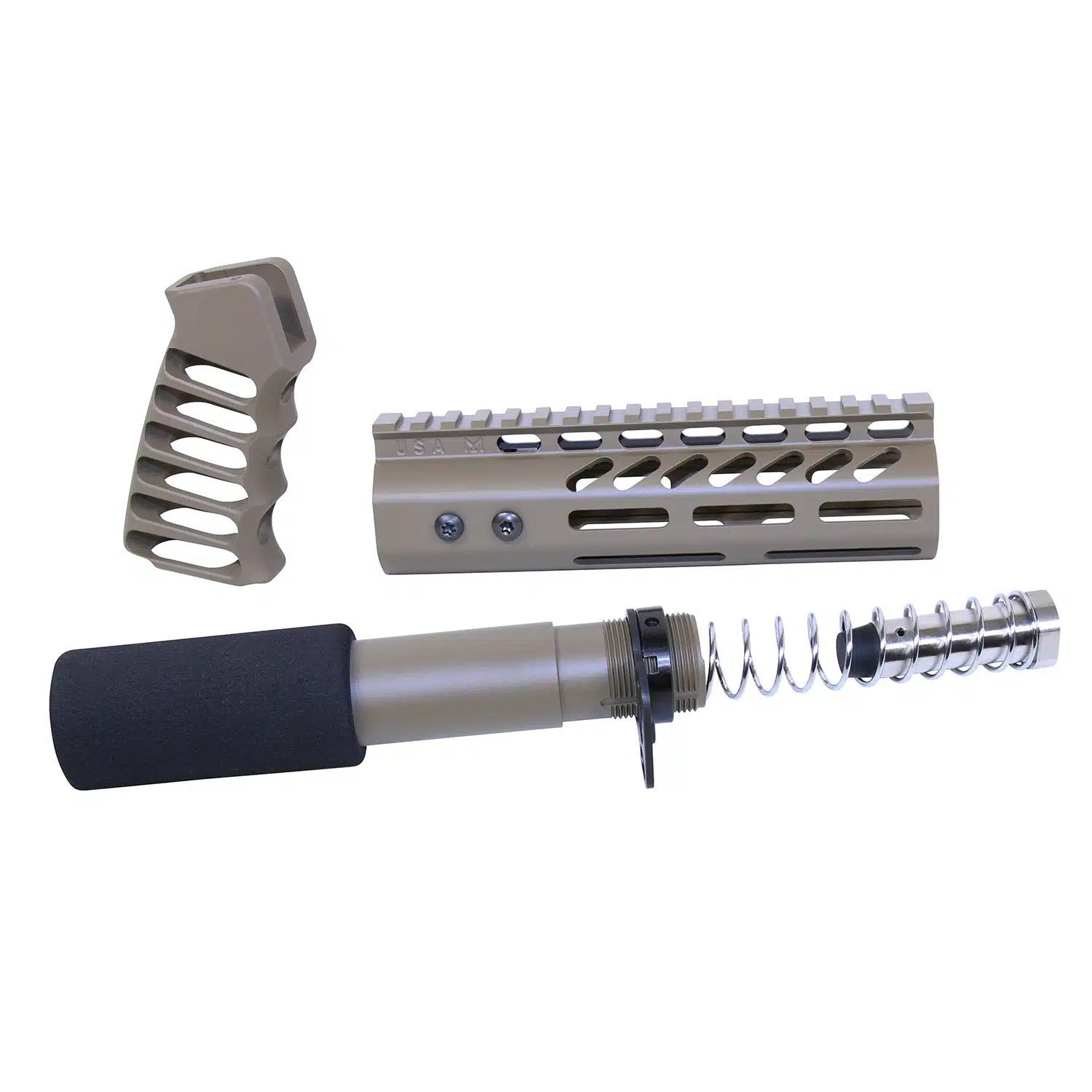 AR .308 Pistol Furniture Set in Flat Dark Earth finish showing pistol grip, handguard, and buffer tube assembly.