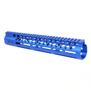 Anodized Blue 12 inch M-LOK handguard with monolithic top rail and vented sides