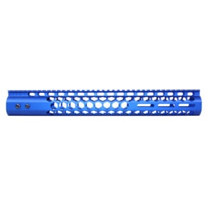 Blue anodized 15-inch .308 caliber M-LOK handguard with honeycomb cutouts.