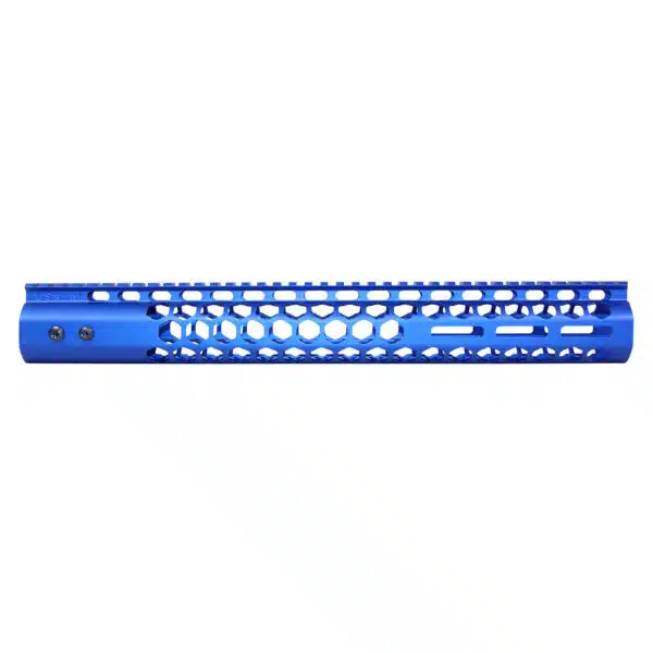 Blue anodized 15-inch .308 caliber M-LOK handguard with honeycomb cutouts.