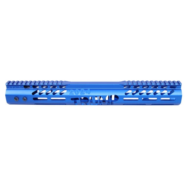 Blue anodized 308 Cal 15 M-LOK handguard with Picatinny rail and vented design.