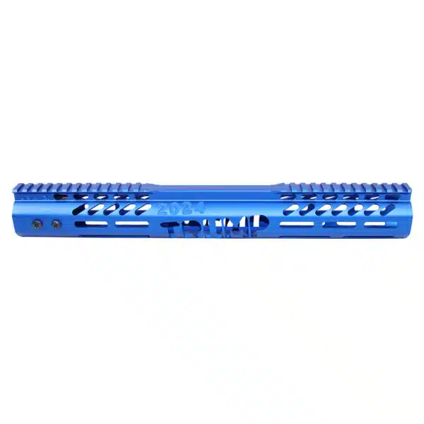 Blue anodized 308 Cal 15 M-LOK handguard with Picatinny rail and vented design.