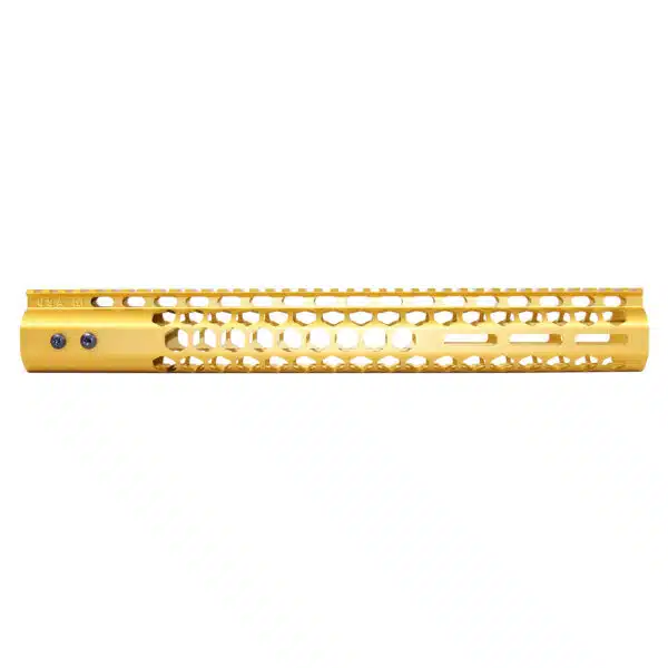Gold .308-caliber Honeycomb Handguard with M-LOK attachment and air-cooling cutouts.