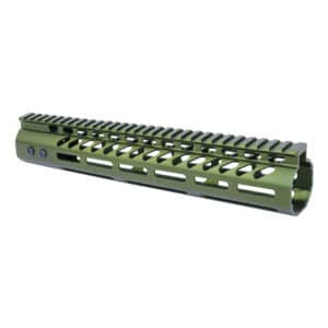 12 M-LOK handguard in anodized green with monolithic top rail for .308 caliber rifles.