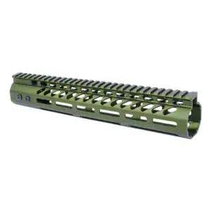 12 M-LOK handguard in anodized green with monolithic top rail for .308 caliber rifles.