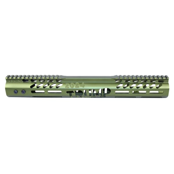 Olive green 308 Cal 15 Trump Series free-floating AR-15 handguard with Picatinny rail.