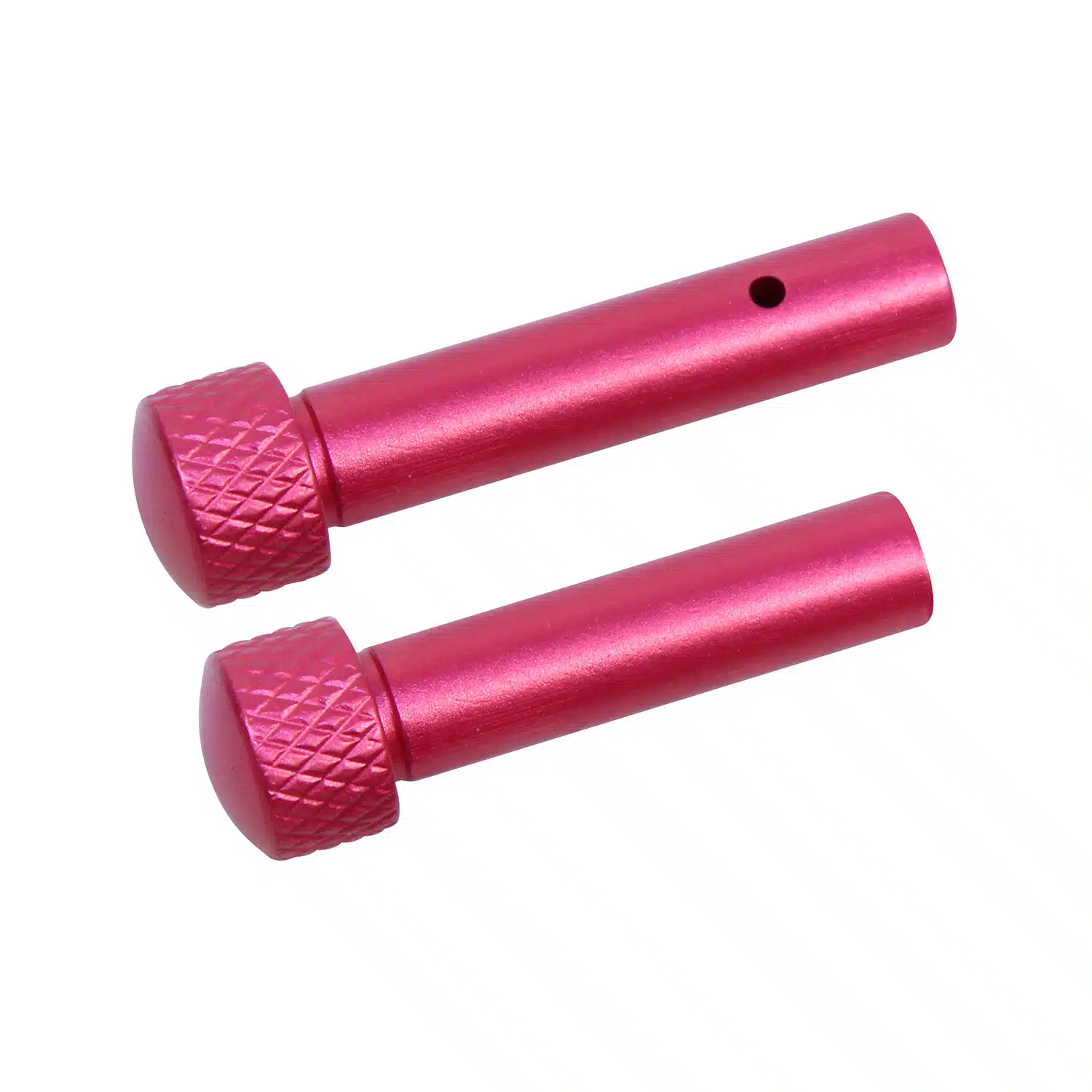 Extended takedown pin set for AR 5.56 Gen 2 in anodized rose finish with knurled knobs