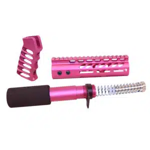 AR-15 pistol furniture set in anodized rose finish including grip, handguard, and buffer tube components.
