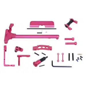 AR-15 Accent Kit in Anodized Rose finish with enhanced trigger guard and charging handle.