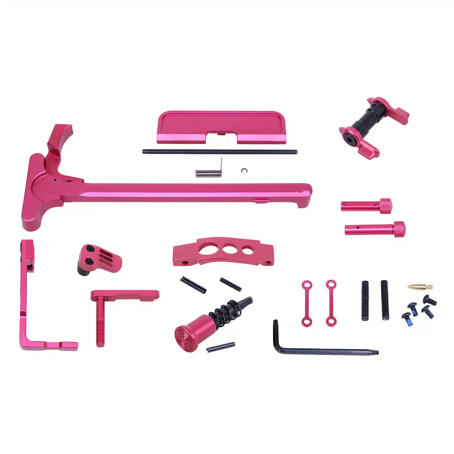 AR-15 Accent Kit in Anodized Rose finish with enhanced trigger guard and charging handle.