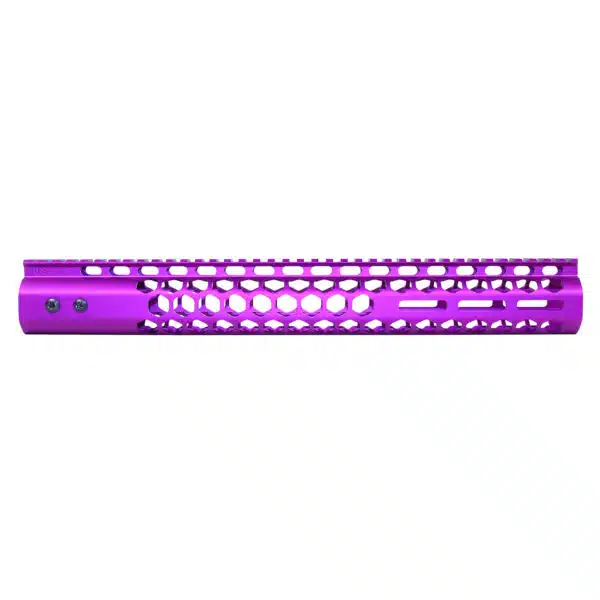 Anodized purple 15-inch M-LOK free-floating handguard with honeycomb cutouts for .308 rifles.