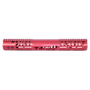 Red anodized 308 Cal 15-inch AR-15 handguard with cooling slots and Picatinny rail.