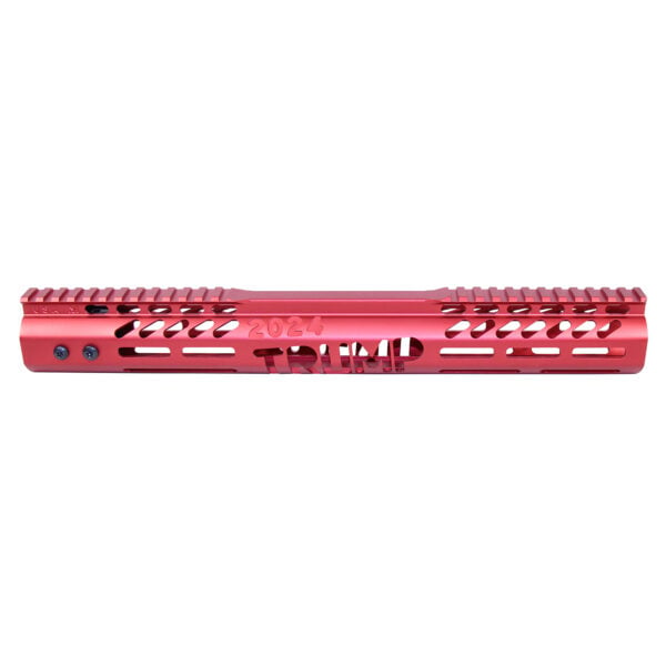 Red anodized 308 Cal 15-inch AR-15 handguard with cooling slots and Picatinny rail.