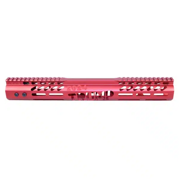 Red anodized 308 Cal 15-inch AR-15 handguard with cooling slots and Picatinny rail.