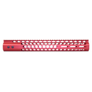 Red 15-inch .308 caliber M-LOK handguard with honeycomb cutouts and monolithic top rail.