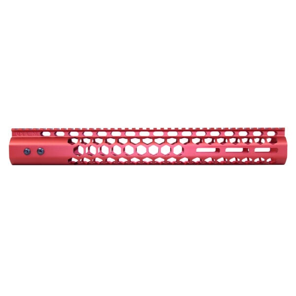 Red 15-inch .308 caliber M-LOK handguard with honeycomb cutouts and monolithic top rail.