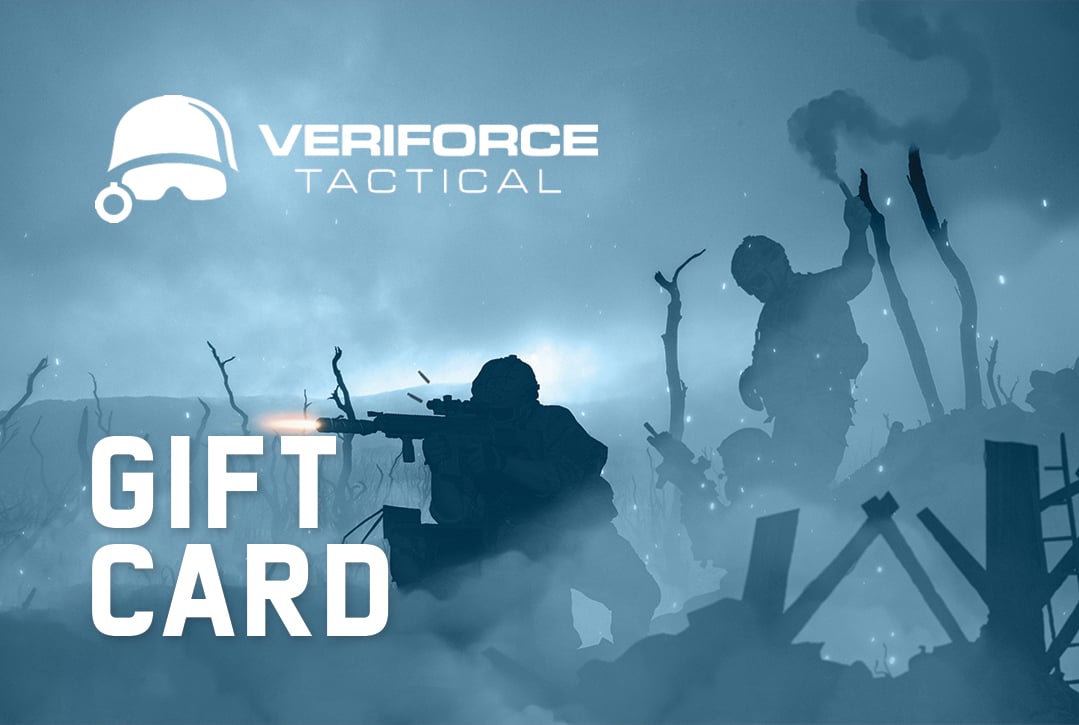 Veriforce Tactical gift card promotion featuring a soldier silhouette and battlefield scene.