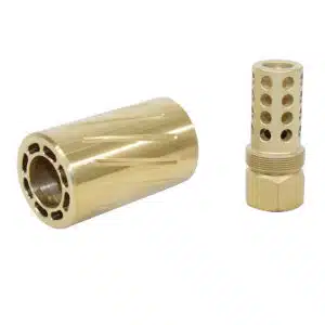 AR 300 Blackout muzzle brake and QD blast shield with tin coated finish