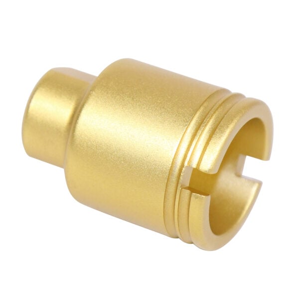 Gold-anodized 9mm stubby slim flash can with sleek, precision-engineered design.