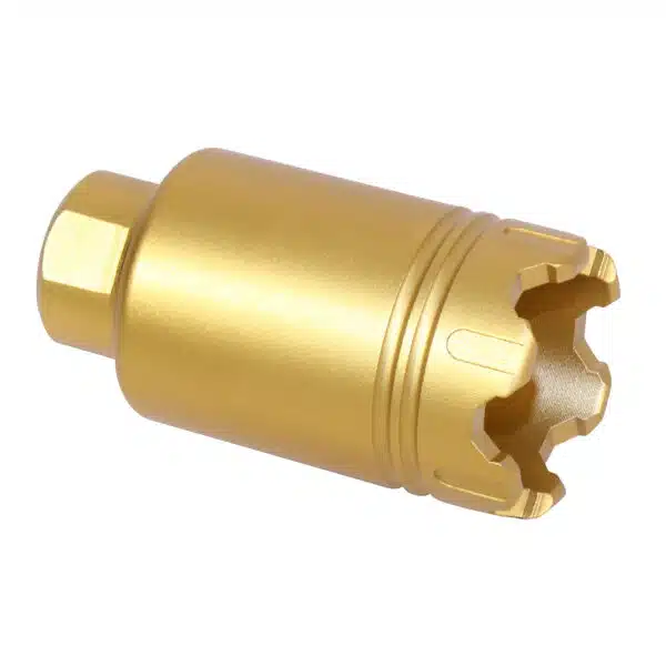 Gold anodized AR .308 flash can with hex and star-shaped ends for precision engagement.