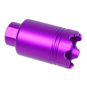 Anodized purple AR .308 caliber micro wire cutter flash can with hexagonal end and scalloped design.