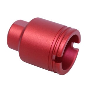 Red anodized .308 compact flash can, precision-engineered with sleek, stepped cylindrical design.