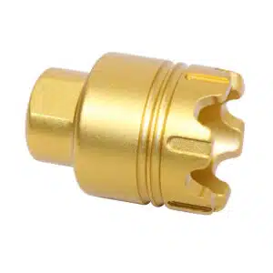 Anodized gold AR-15 Mini Trident flash can with glass breaker, 9mm cal, 1/2x36 thread