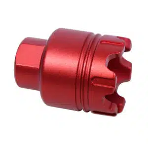 Anodized red AR-15 Mini Trident flash can with glass breaker, 9mm cal, 1/2x36 thread