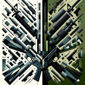 Abstract digital art comparing AR-15 and AR-308 rifles through geometric shapes and color schemes.