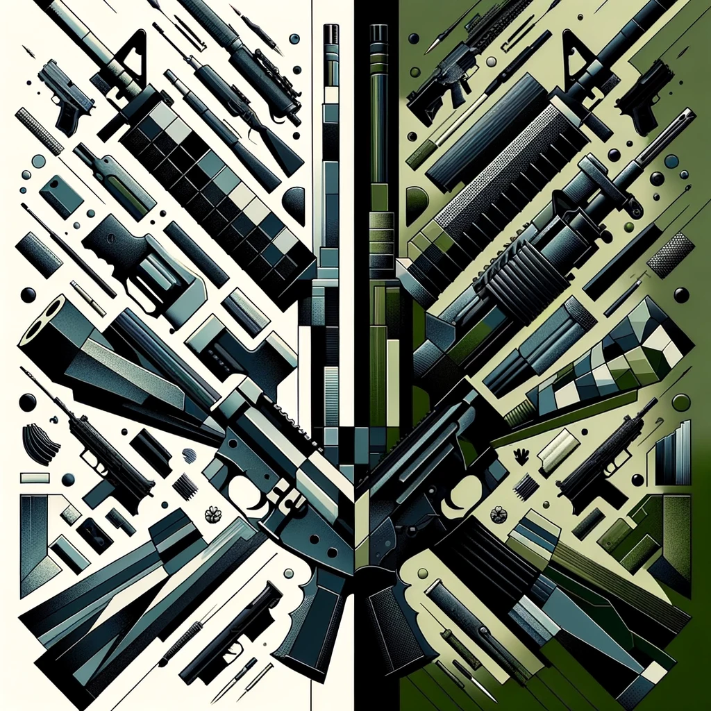Abstract digital art comparing AR-15 and AR-308 rifles through geometric shapes and color schemes.
