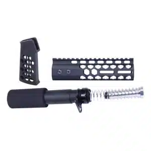 AR-15 Honeycomb Pistol Furniture Set in Anodized Black, including handguard, pistol grip, and buffer tube kit.
