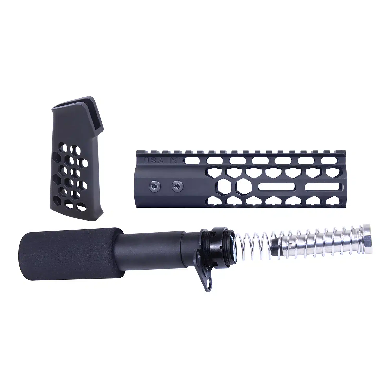 AR-15 Honeycomb Pistol Furniture Set in Anodized Black, including handguard, pistol grip, and buffer tube kit.