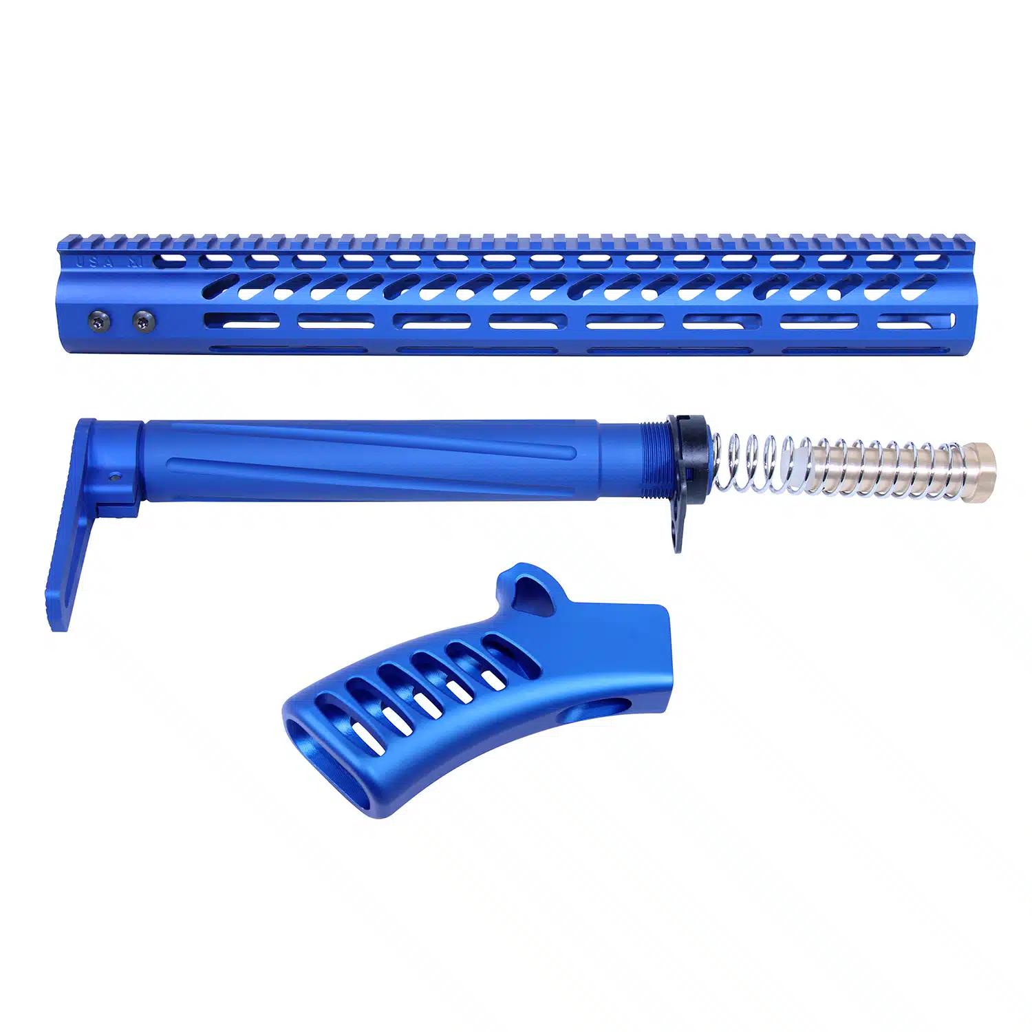 AR-15 furniture set in anodized blue finish including handguard, stock, and pistol grip