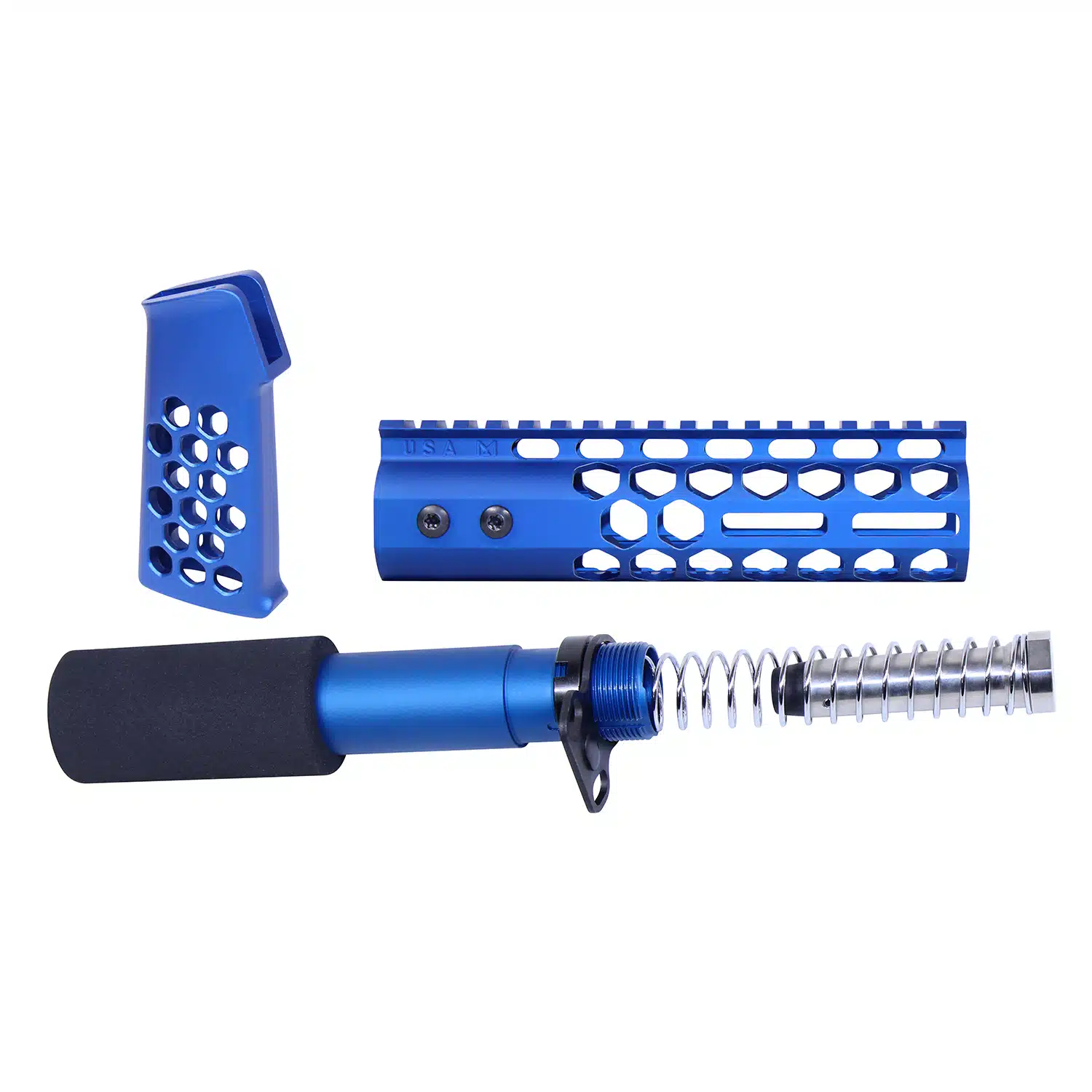 Anodized Blue AR-15 pistol furniture set including skeletonized grip, honeycomb handguard, and buffer tube assembly.