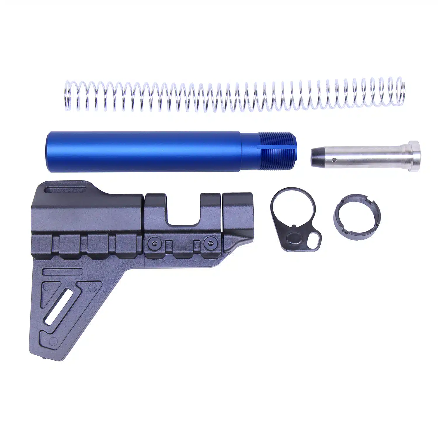 AR-15 Micro Breach pistol brace kit in anodized blue finish with buffer tube, spring, and castle nut