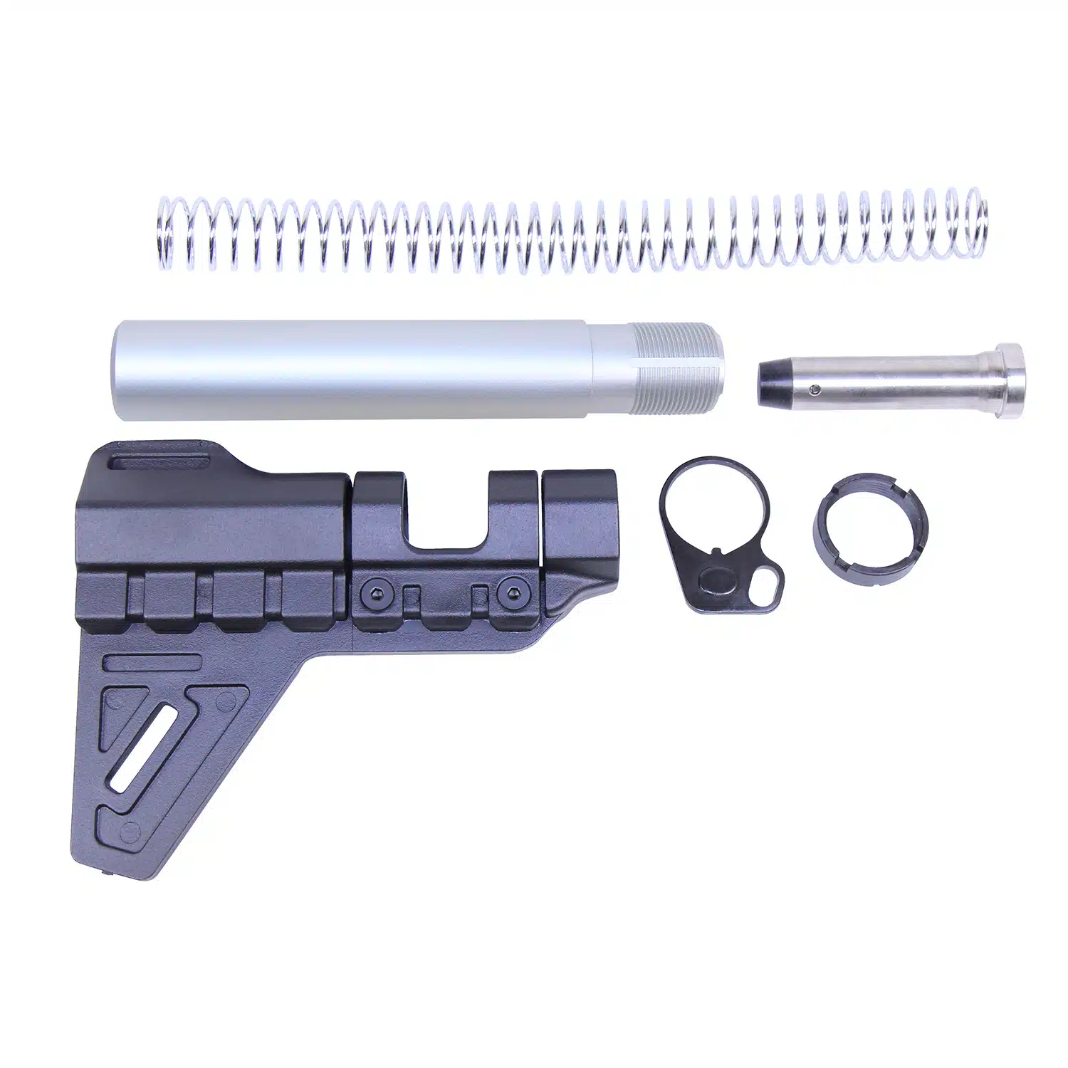 AR-15 Micro Breach Pistol Brace Kit in anodized clear finish with buffer tube, spring, and castle nut